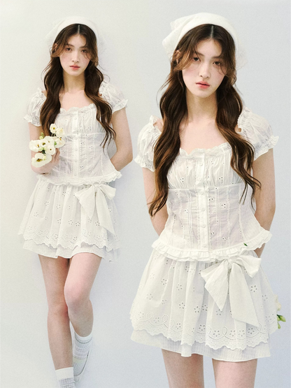 Vintage Plaid Lace Ribbon Two-Piece Set