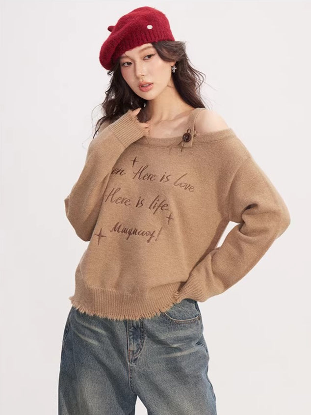 Deconstructed Off-Shoulder Embroidered Knit Sweater