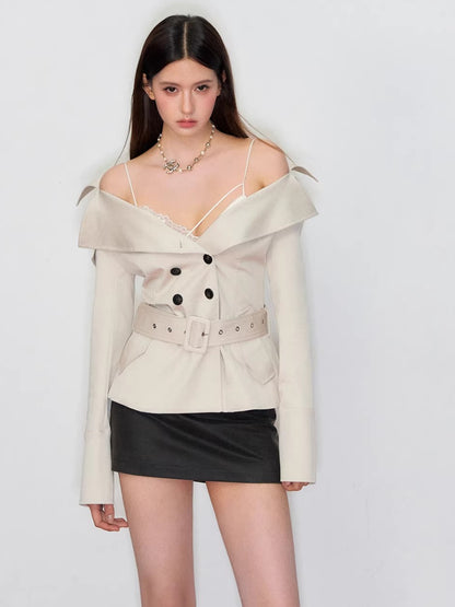 Off-Shoulder Belted Double-Breasted Blazer