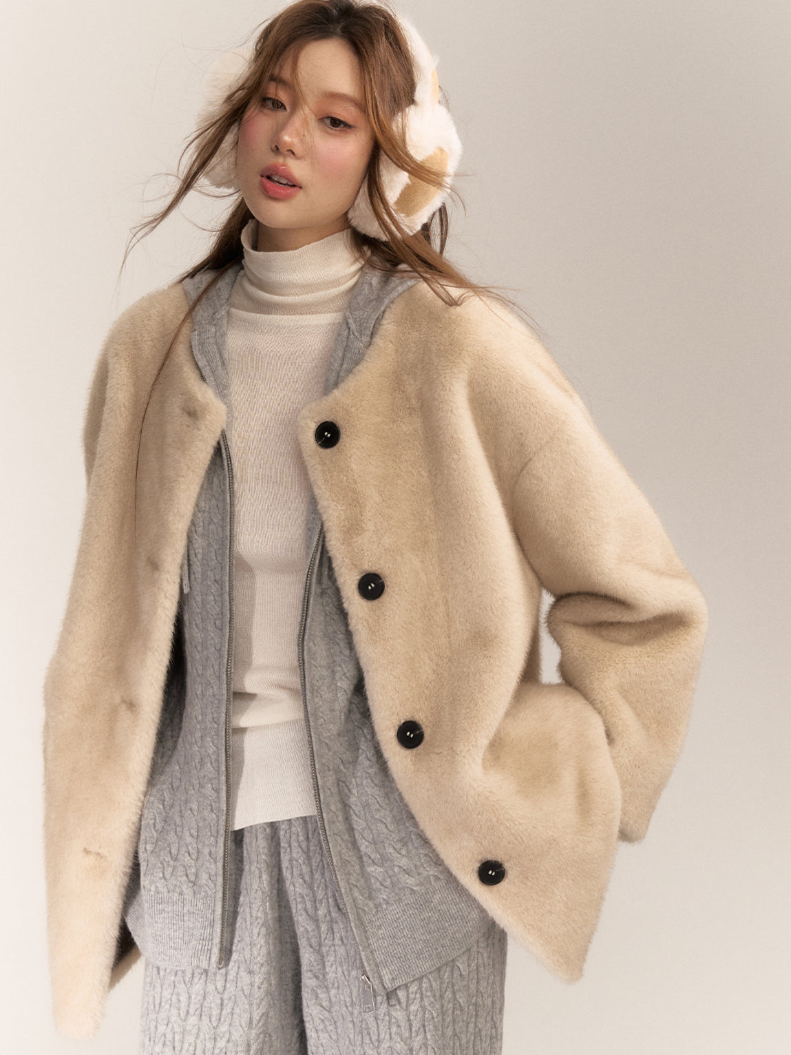 Gray &amp; Apricot Faux Fur Coat