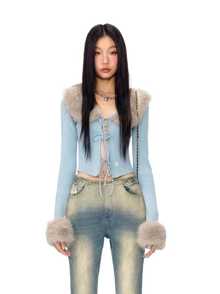 Eco-Friendly Fox Fur Removable Tie Knit Cardigan