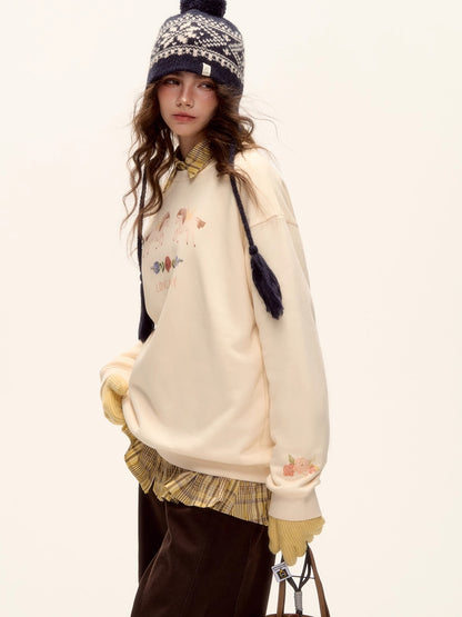 Floral Pony Print Fleece-Lined Pullover Sweatshirt