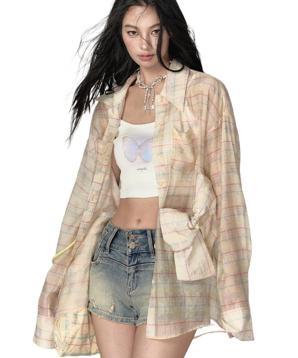 Pink &amp; Yellow Bow Tie Plaid Shirt - CHINASQUAD