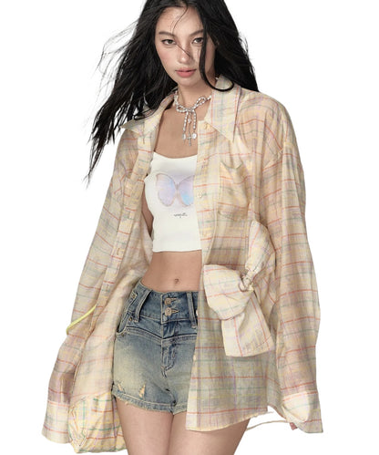 Pink &amp; Yellow Bow Tie Plaid Shirt - CHINASQUAD