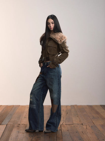 Leopard Faux Fur Collar Belted Puffer Jacket