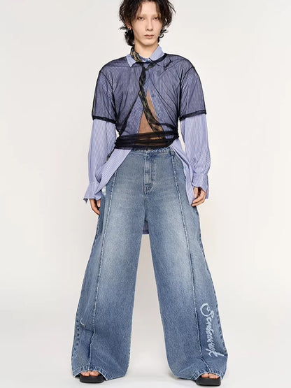 Laser Logo Seam Wide-Leg Denim Pants