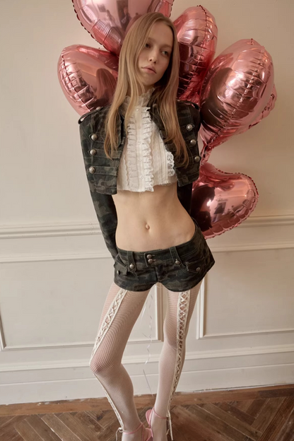Camouflage Double-Breasted Cropped Jacket &amp; Shorts Set