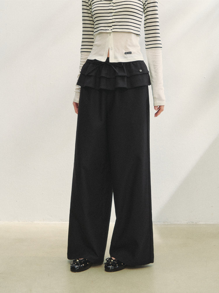 Two-piece Double-layer Ruffle Tie Straight Pants - CHINASQUAD
