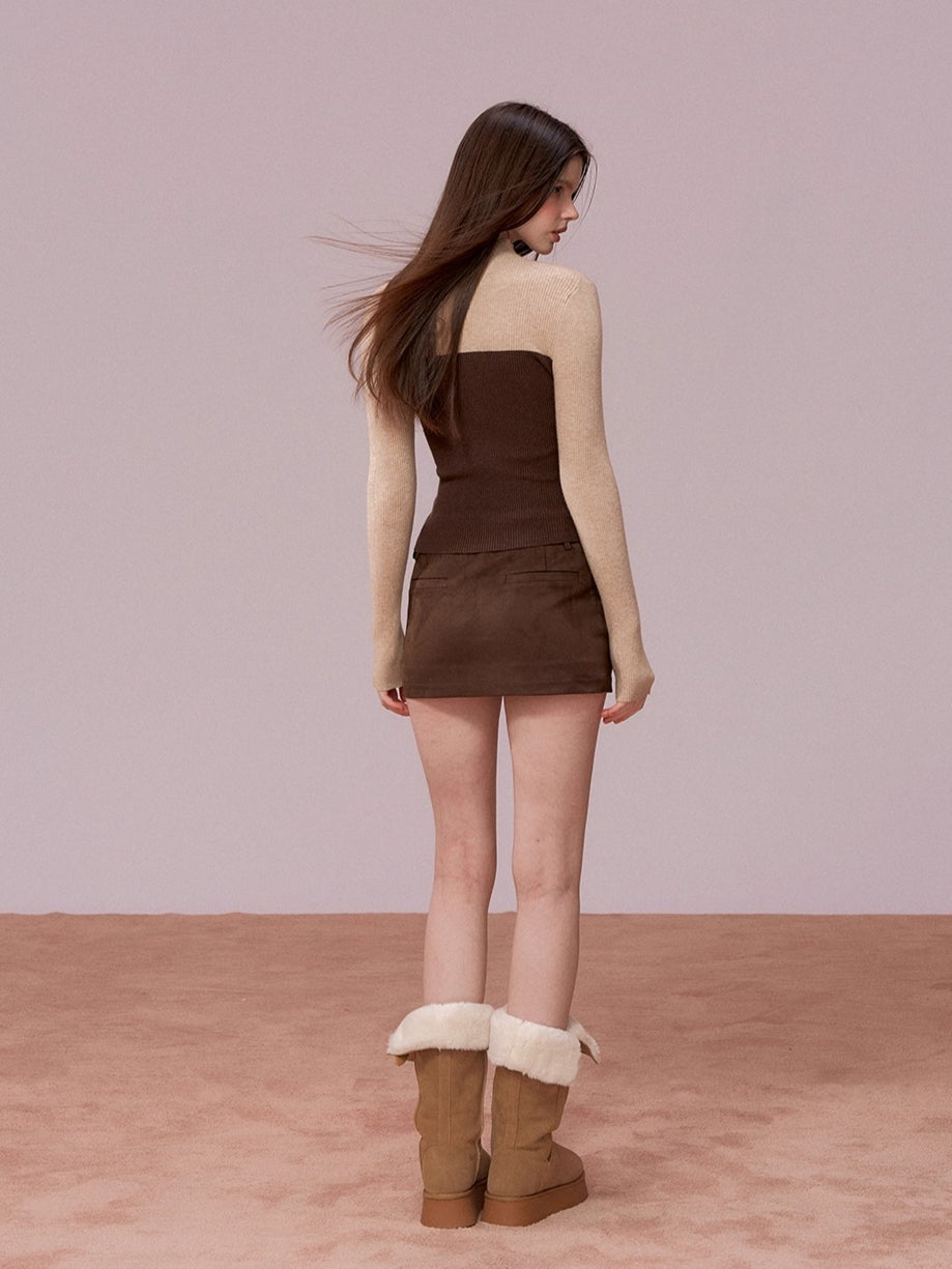 High-Neck Knit Top Fringe Cape Set