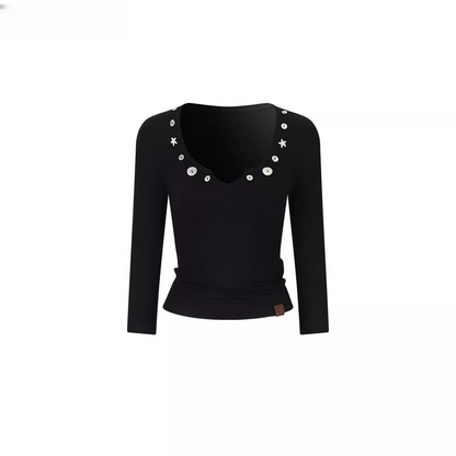 Studded V-Neck Cropped Knit T-Shirts