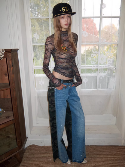 Vintage Camouflage Lace Fitted Top