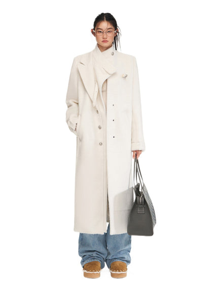 Cream Double-Breasted Leather Strap Wool Coat