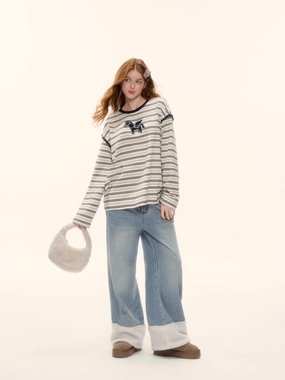 Contrast Stripe Crewneck Long-Sleeve T-Shirt