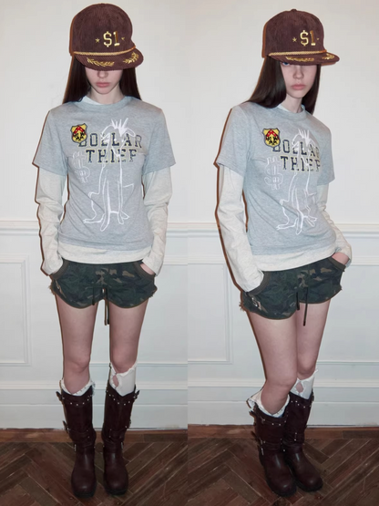 Camo Contrast Bone Embroidery Cotton Sweat Shorts