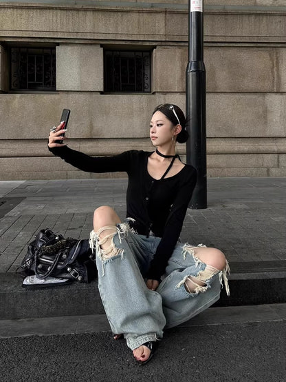 Straight-Leg Distressed Denim Jeans