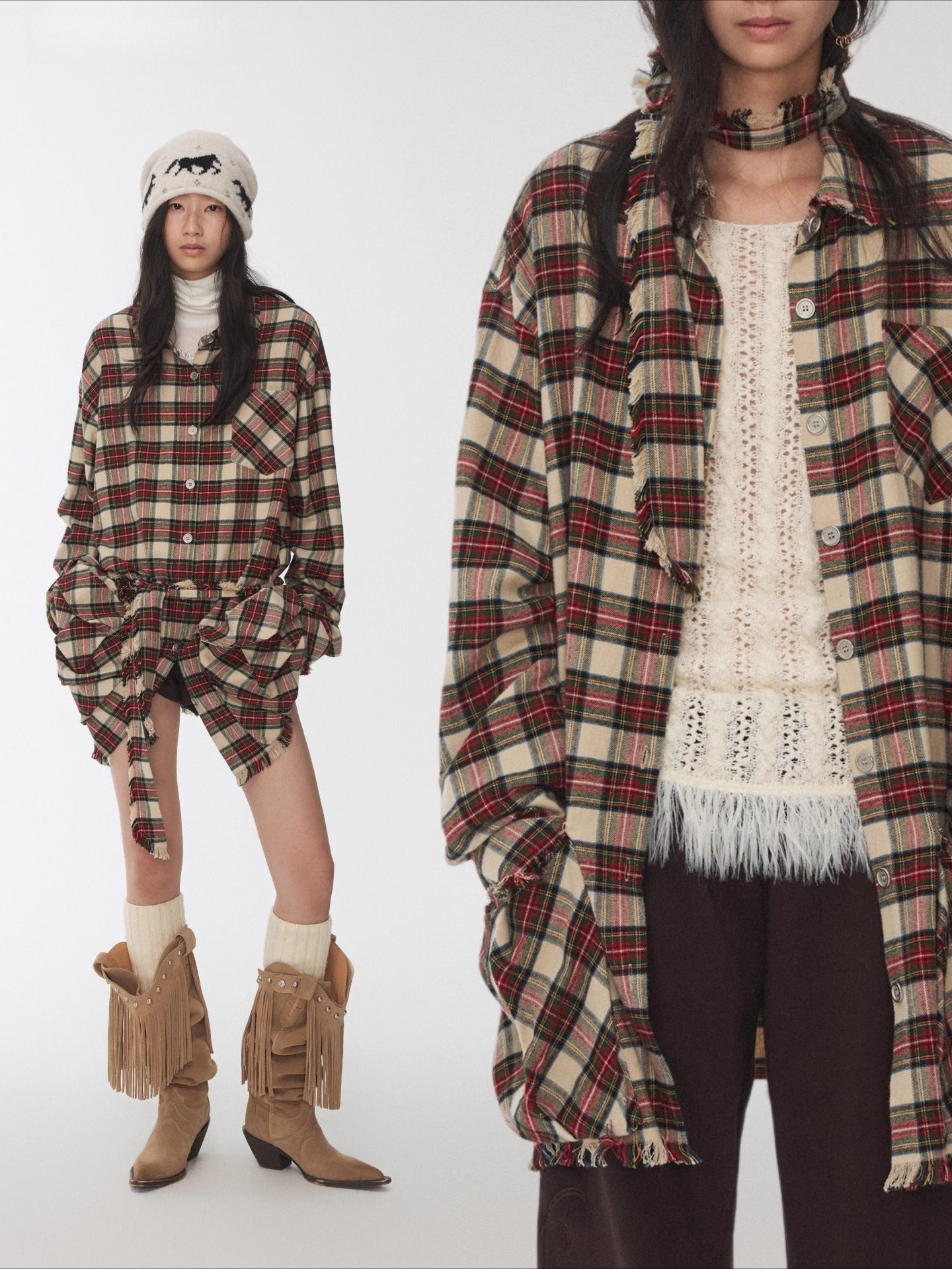 Vintage Red Plaid Frayed-Edge Utility Shirt Dress