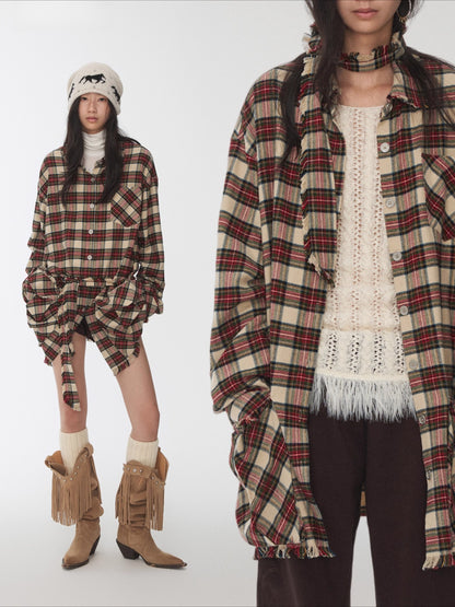 Vintage Red Plaid Frayed-Edge Utility Shirt Dress