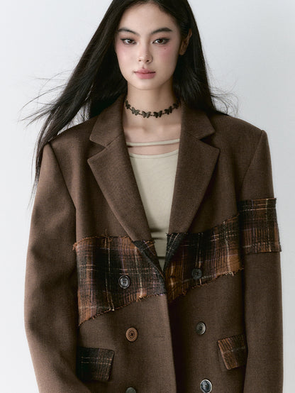 Wool Plaid Patchwork Mid-Length Coat