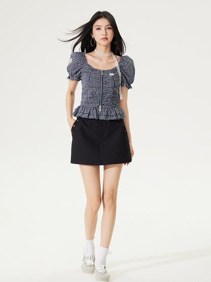 Puff Sleeve One-Word Collar Plaid Top - CHINASQUAD