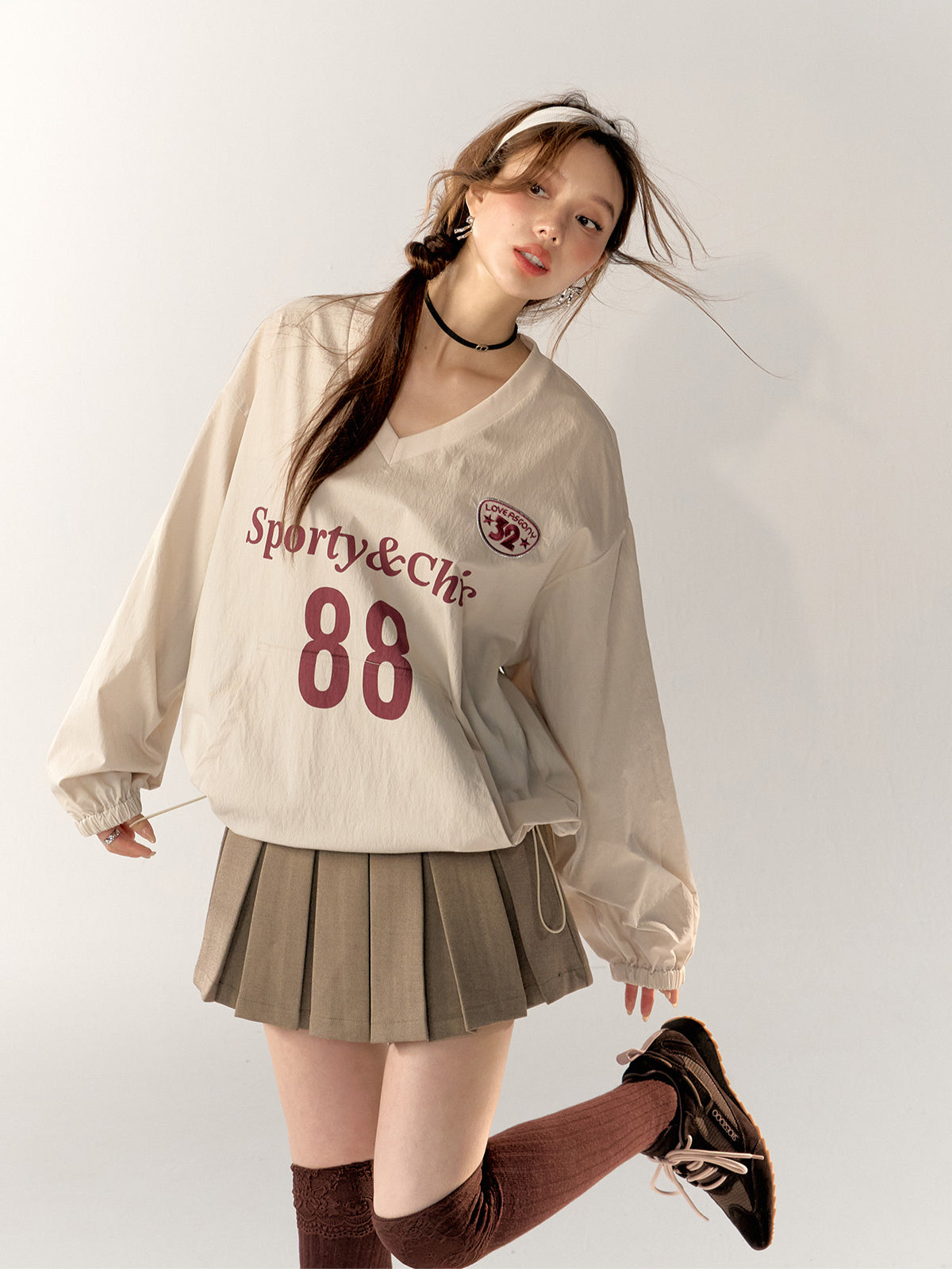 Letter Print Blokette V-Neck Long-Sleeve