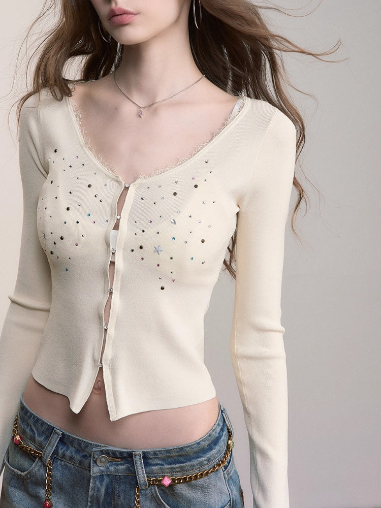 Colorful Hot-Fix Lace Knit Cardigan - CHINASQUAD
