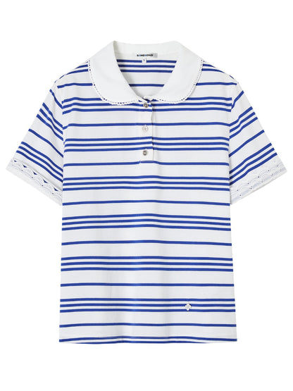 Striped Lace Short-Sleeve Polo Neck T-Shirt - CHINASQUAD