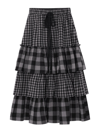 Plaid Patchwork Lace Waist Layered Cake Skirt - CHINASQUAD