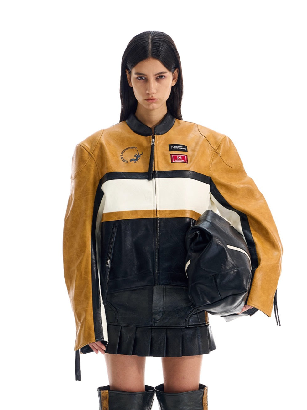 Color-Blocked Cropped Leather Sports Jacket