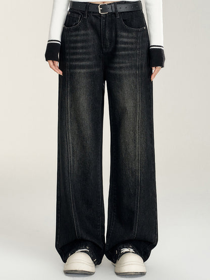 Heart-Patterned Fleece-Lined Wide-Leg Denim Pants