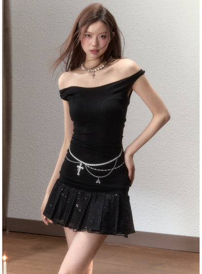Black Pearl Chain Sequin Patchwork Mini Dress - CHINASQUAD
