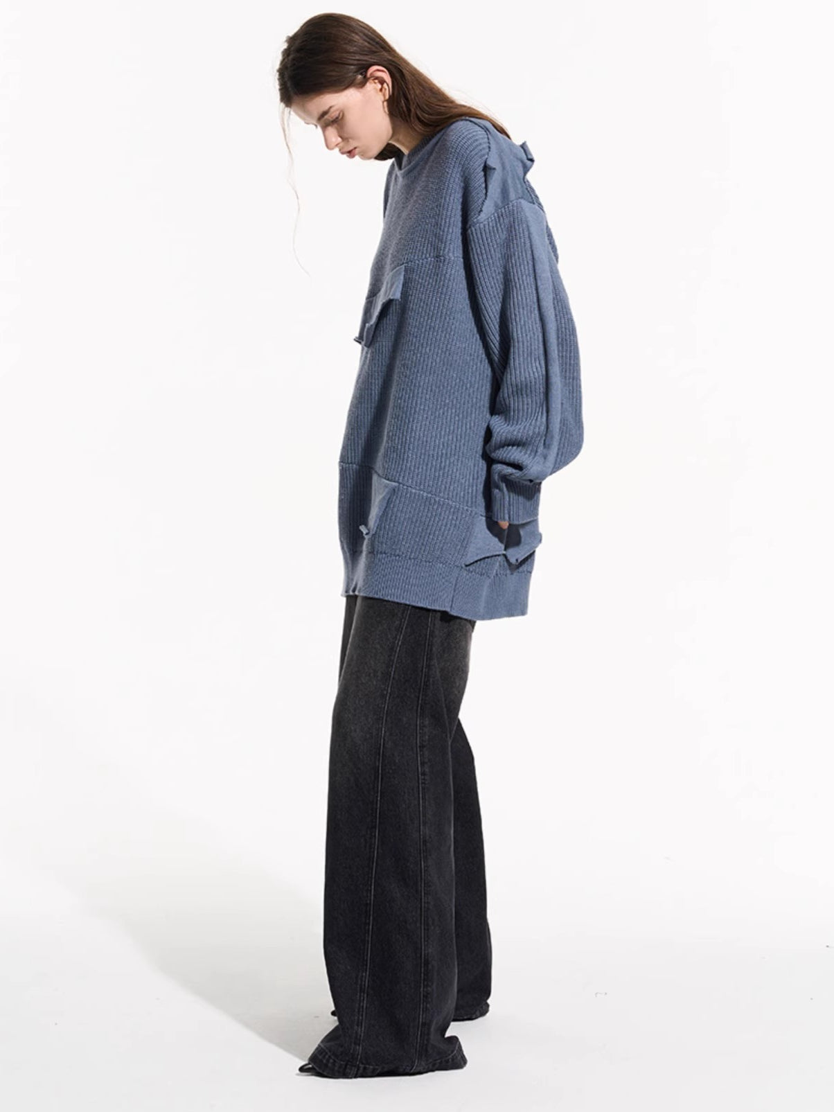Cloud Texture Dual-Tone Distressed Knit Sweater
