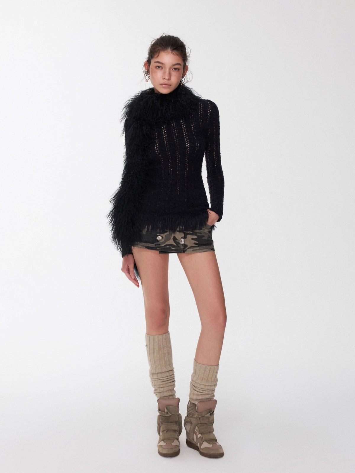 Cable-Knit Faux-Fur Trim Fitted Sweater - CHINASQUAD