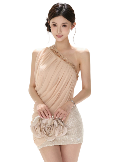 Beaded Asymmetric One-Shoulder Chiffon Draped Blouse