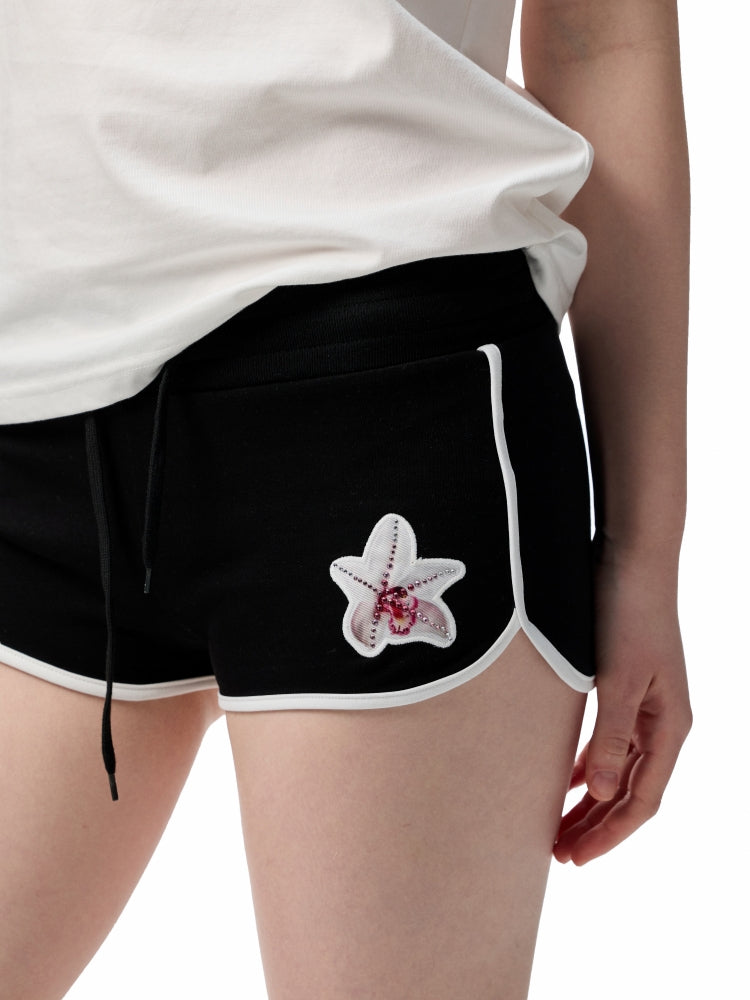 Flower Embroidered Rhinestone Sports Shorts