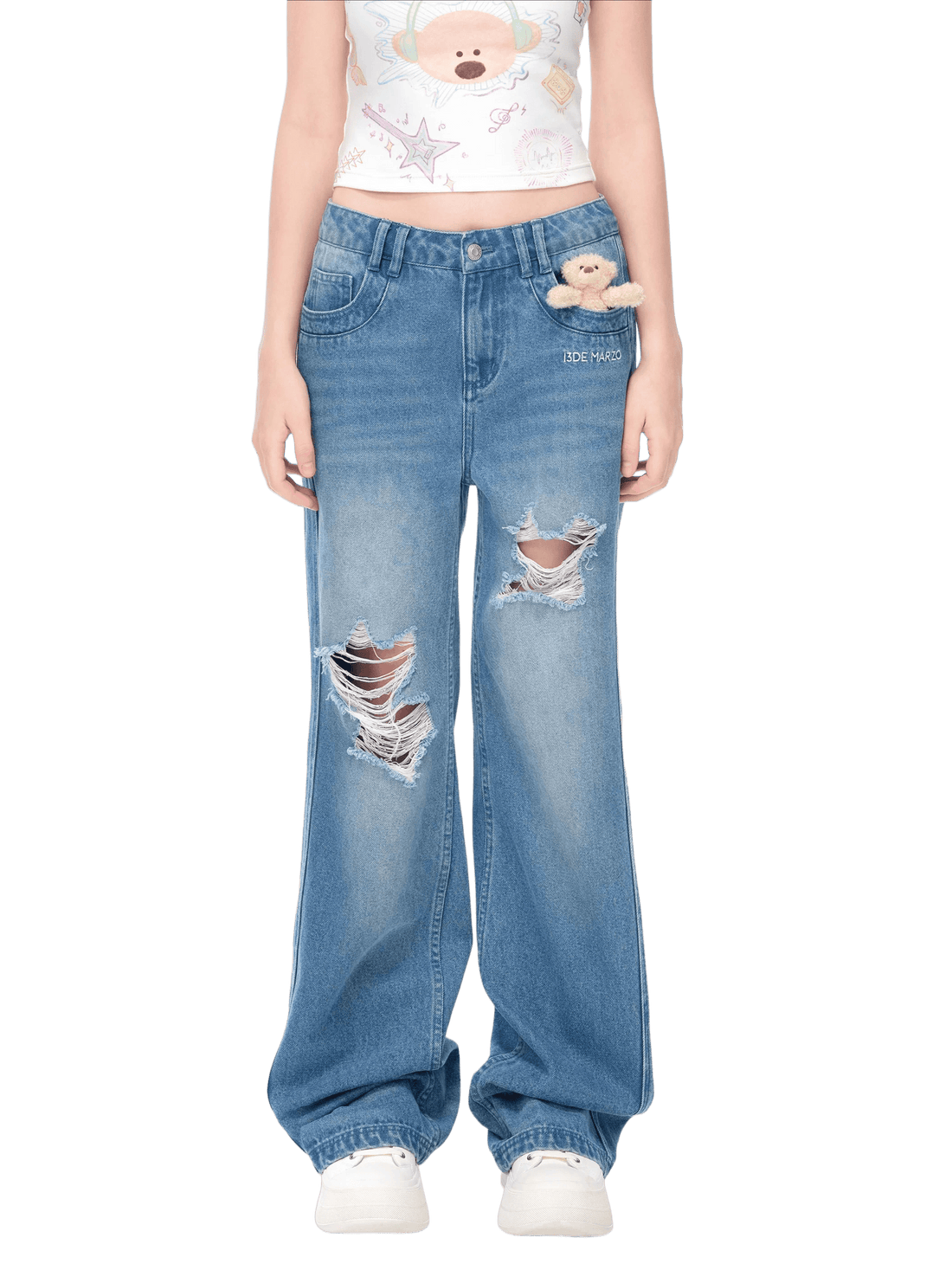 Washed Embossed Distressed Straight-Leg Denim Jeans