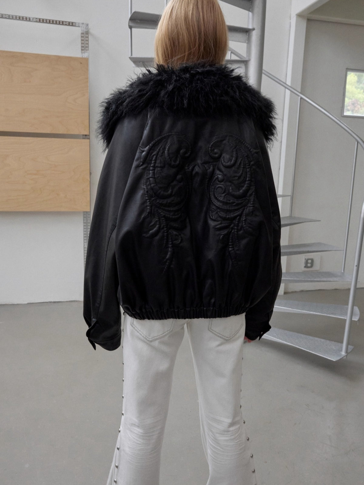 Embossed Faux Leather Puffer Detachable Fur Collar Jacket