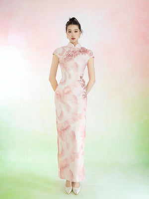 Blush Floral Embroidered Slim Cheongsam Dress