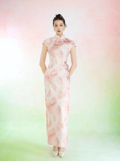 Blush Floral Embroidered Slim Cheongsam Dress