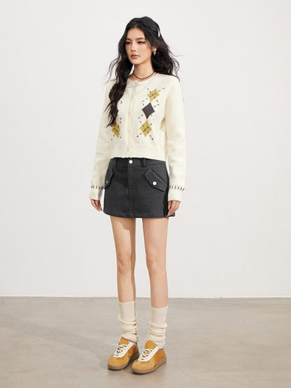 Hand-Stitched Argyle Knit Cardigan