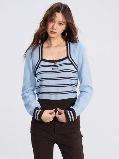 Vintage Square-Neck Layered Knit Blouse