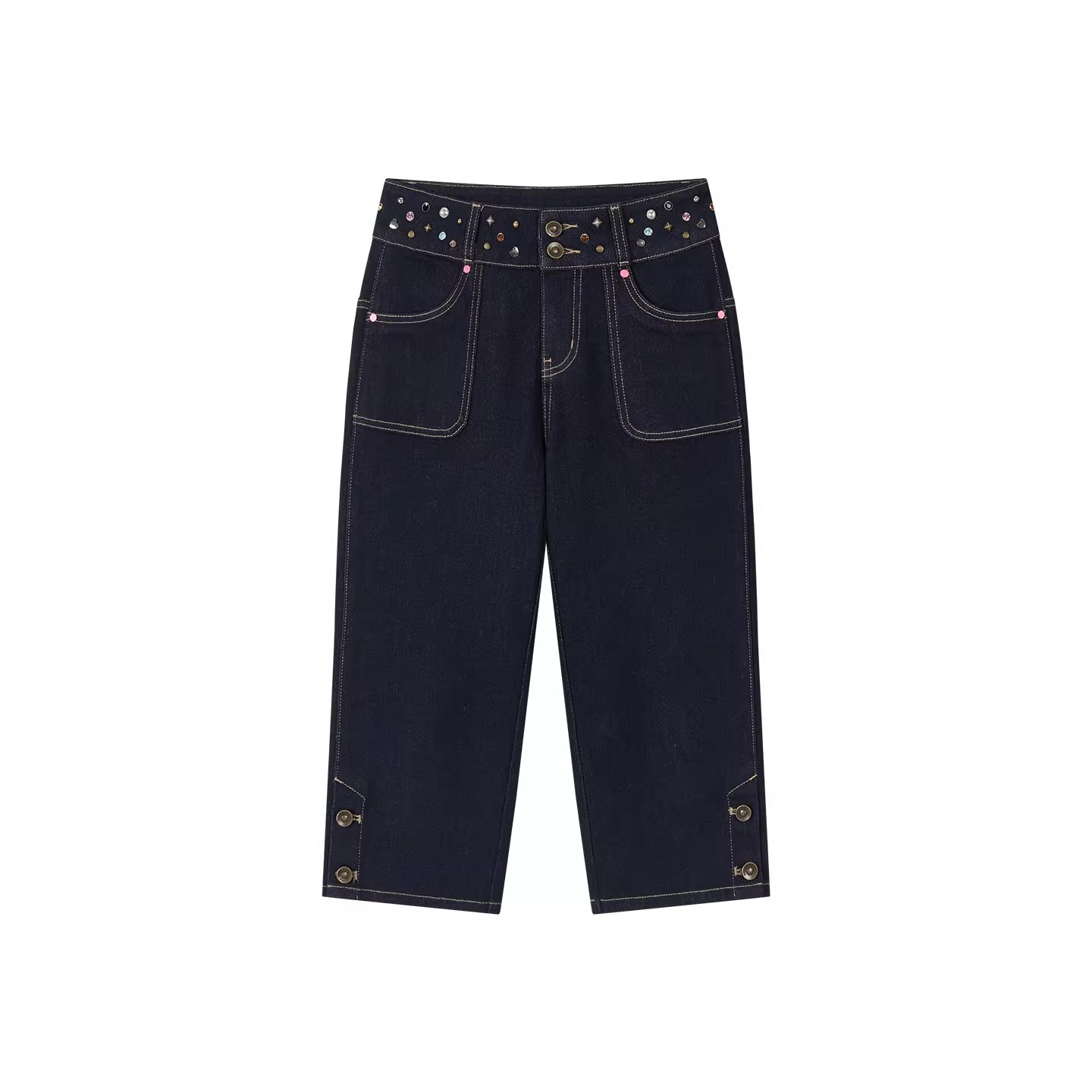 Studded Belt Cropped Denim Pants