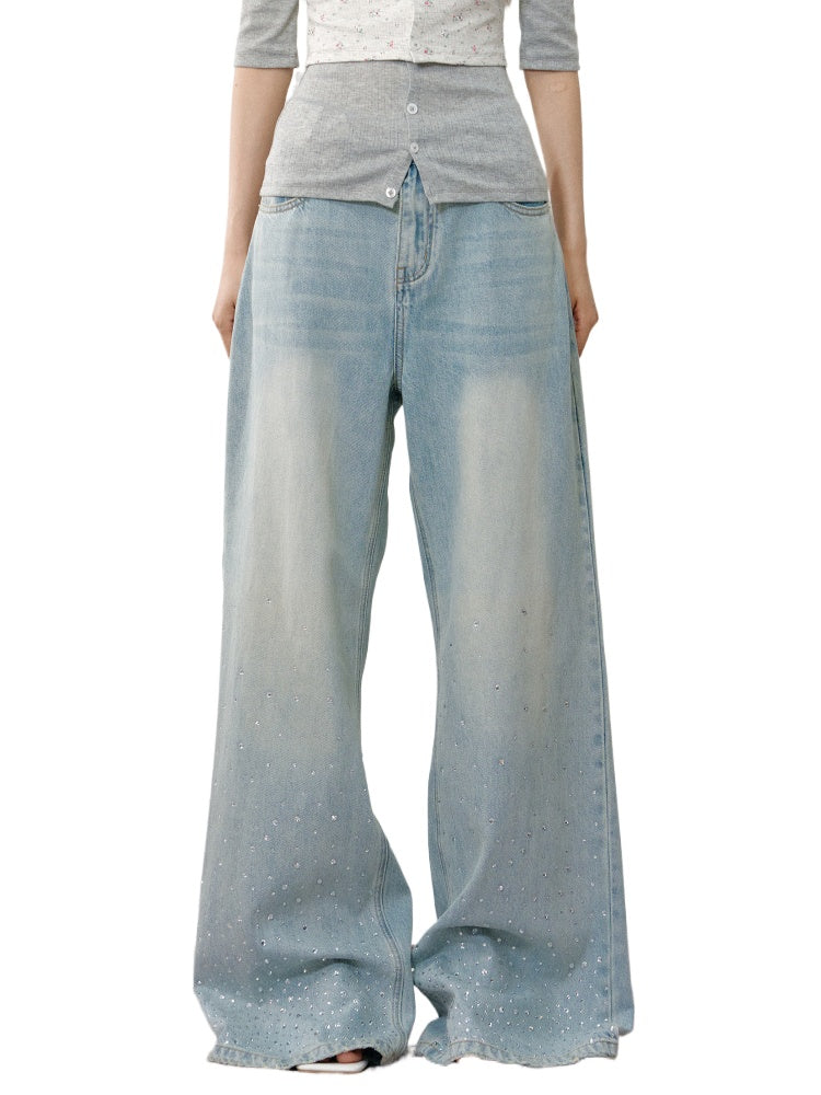 Light Washed Rhinestone Jeans - CHINASQUAD