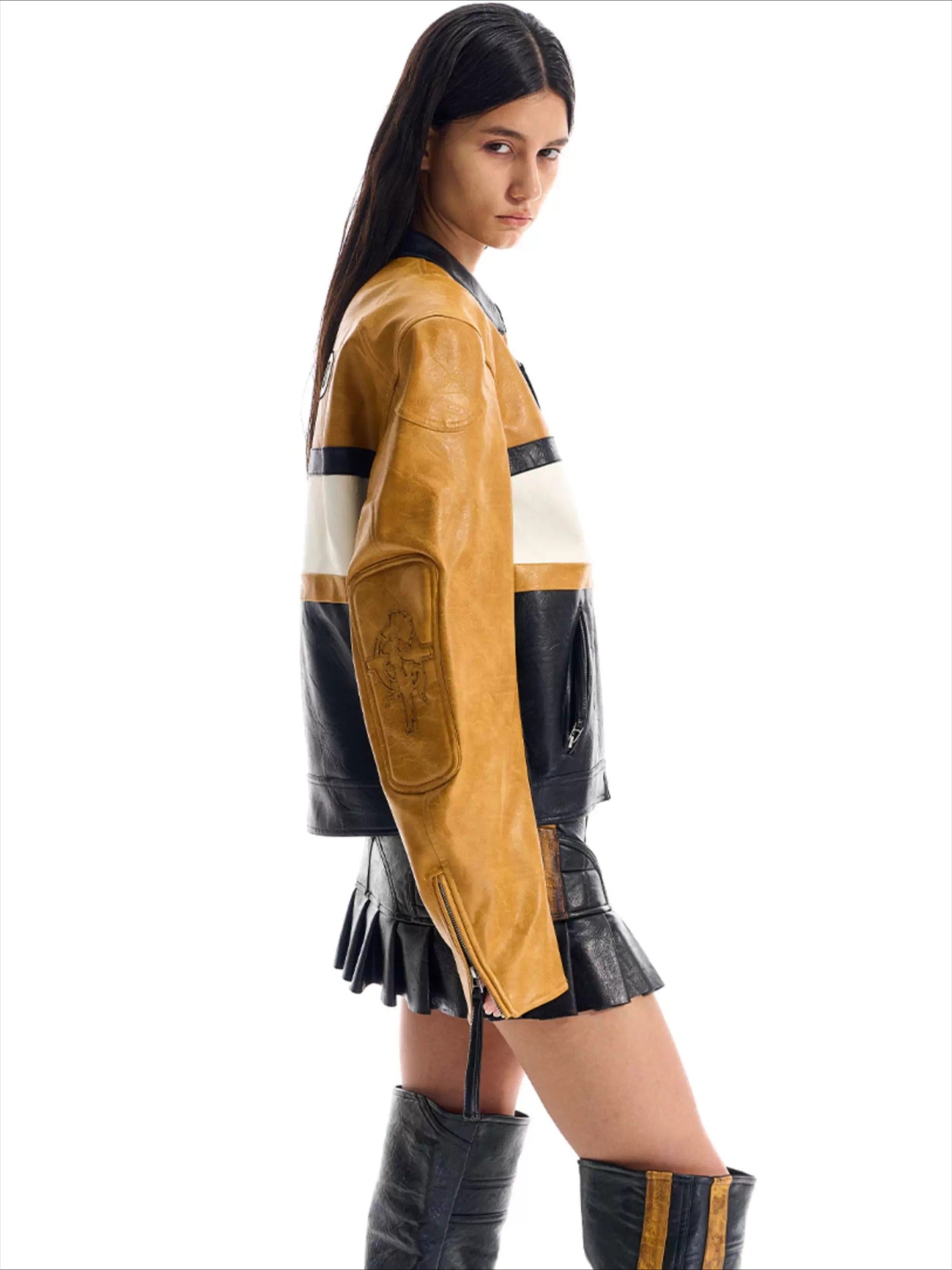 Color-Blocked Cropped Leather Sports Jacket