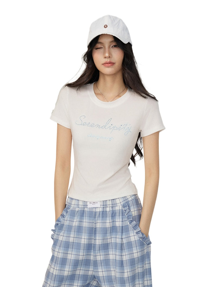 Tencel Sparkling Rhinestone Regular Shoulder T-shirt