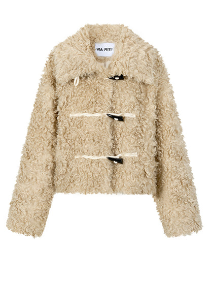 Horn Button Curly Fur Thick Short Jacket