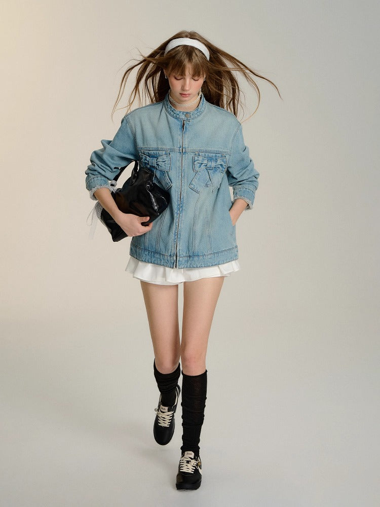 Blue 3D Bow Moto Denim Jacket