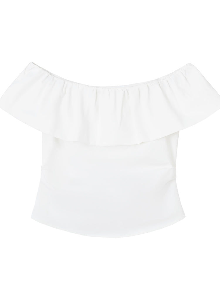 White Ruffled Off-Shoulder T-shirt