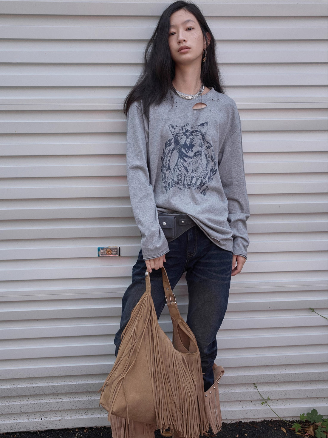 Vintage Cat &amp; Dog Print Distressed Long-Sleeve Tee