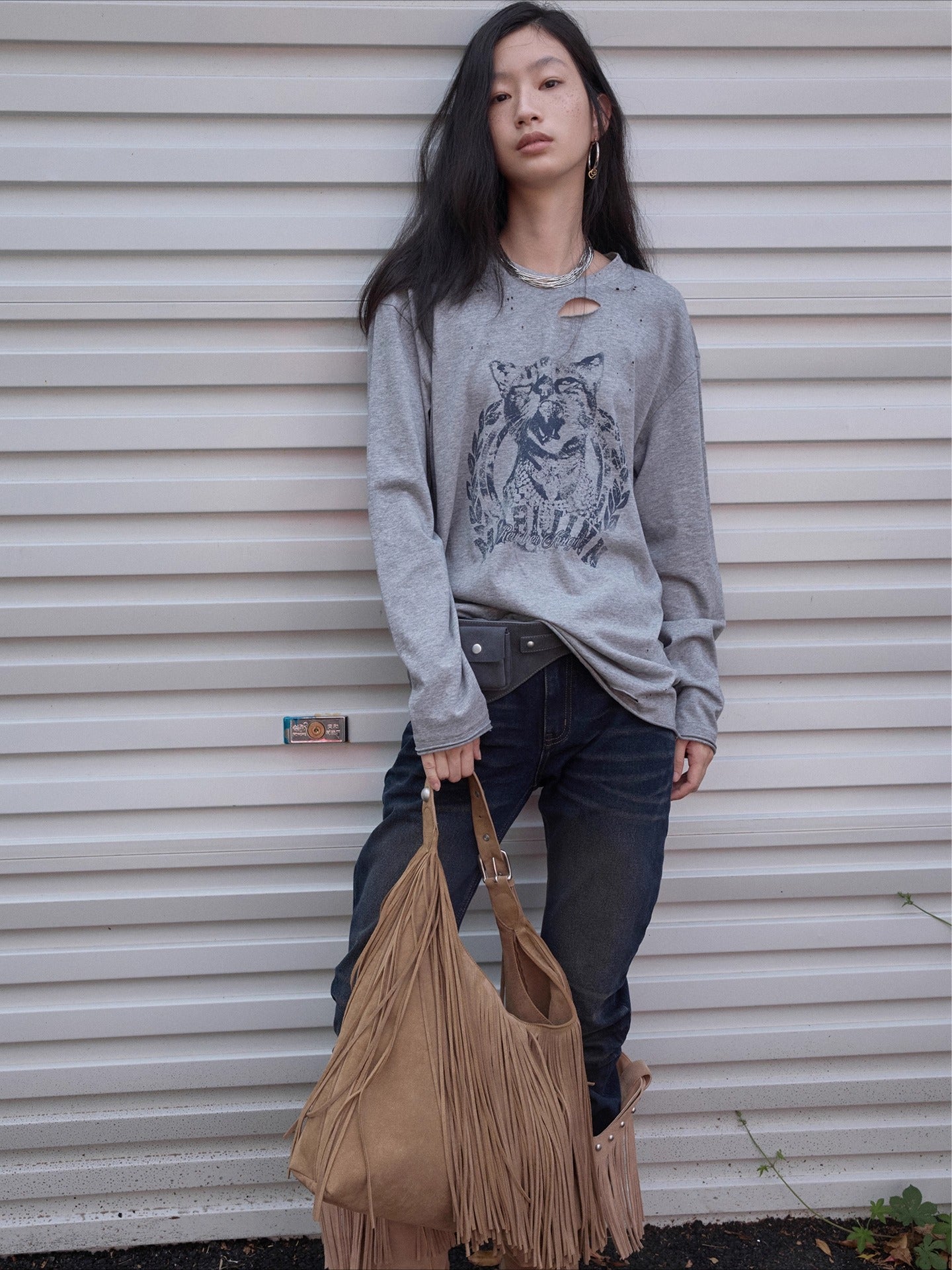 Vintage Cat &amp; Dog Print Distressed Long-Sleeve Tee - CHINASQUAD