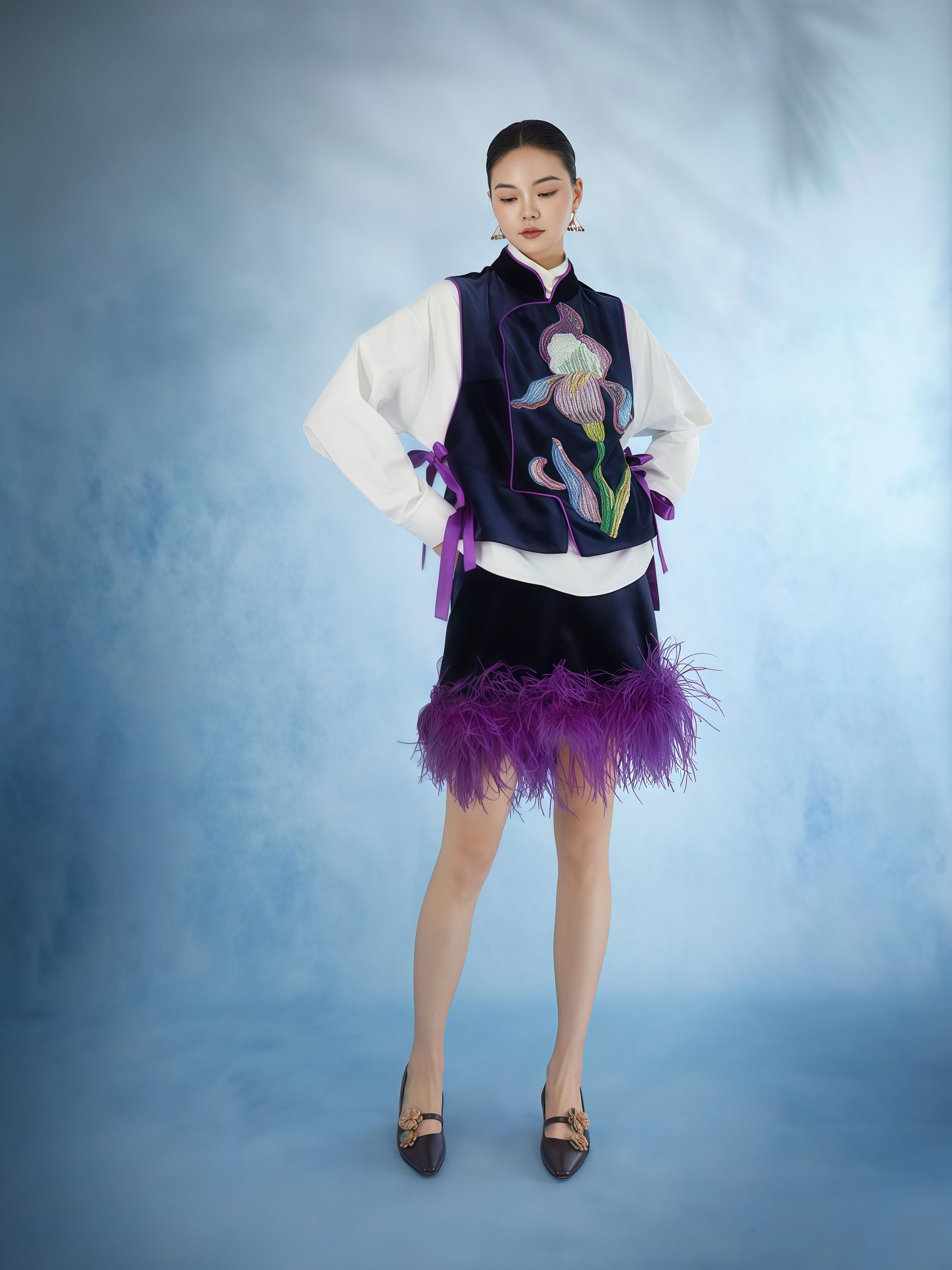 Iris Embroidered Velvet Feather Hem Set